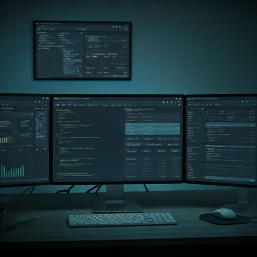 A detailed view of a programmer's workstation featuring multiple frameless monitors.