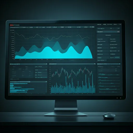 Complex, modern trading platform dashboard on a sleek monitor with cyan and indigo data visualizations.