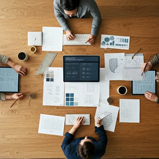 A top-down perspective of a team collaborating around digital tablets showcasing logistics software.