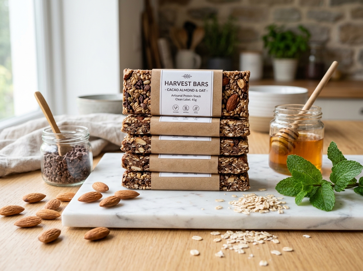 Building Bites clean-label artisan protein snack bars with natural wholesome ingredients on marble.
